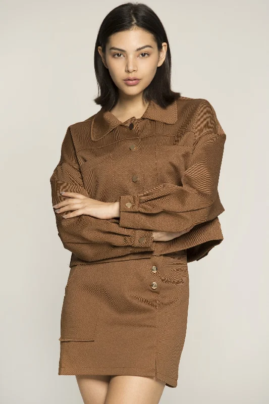 Caramel Brown Button Up Jacket and Skirt Set Print Jacket Jacquard Jacket Patchwork Jacket