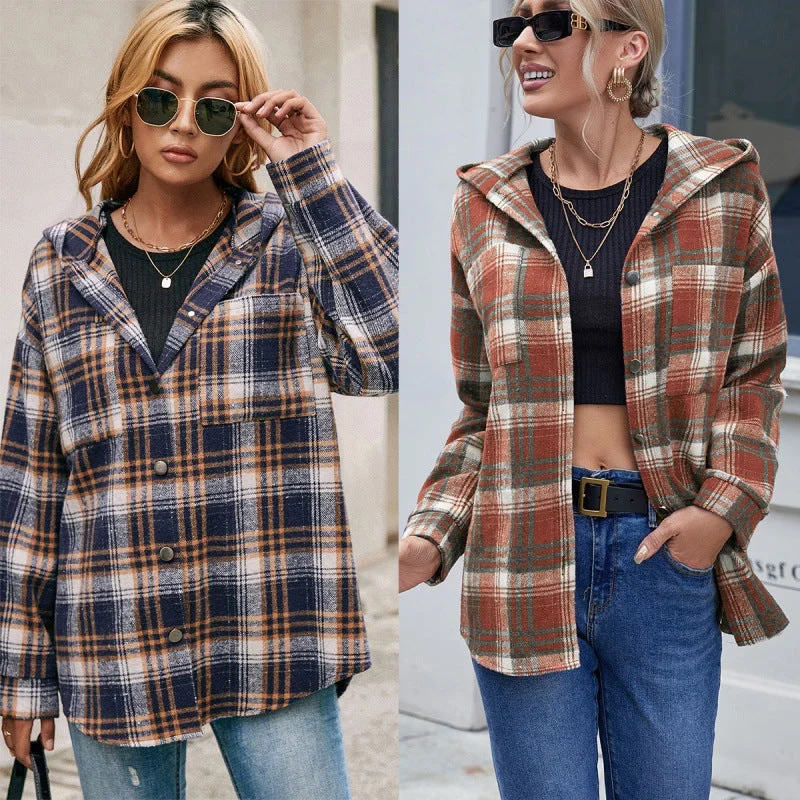 Loose Casual Long-sleeved Single-breasted Check Hooded Jacket Welt Pockets Slit Pockets Flap Pockets