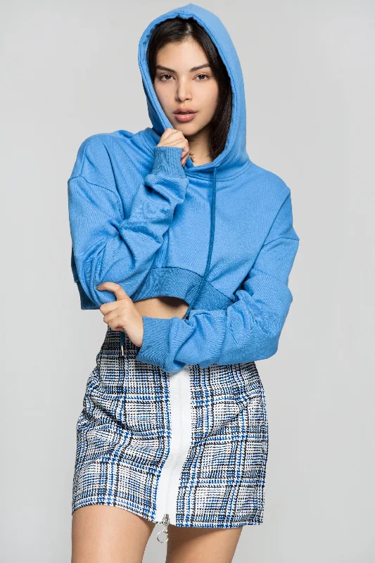 Crayola Blue Drawstring Hooded Crop Jacket with Blue and White Check Print Zip Up Skirt Set Notch Collar Peter Pan Collar Cowl Neck