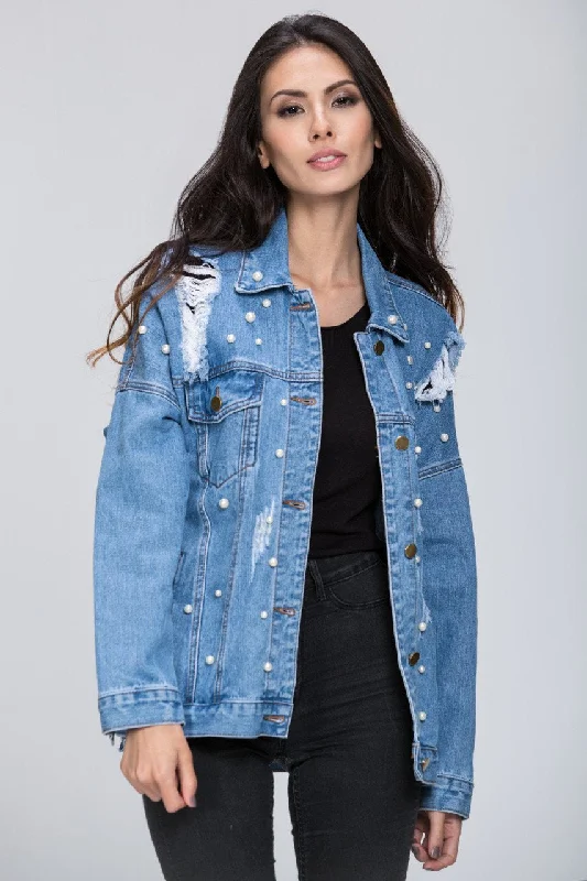 Denim Pearl Detail Jacket Stand-Up Collar Roll-Neck Collar Turtle Neck