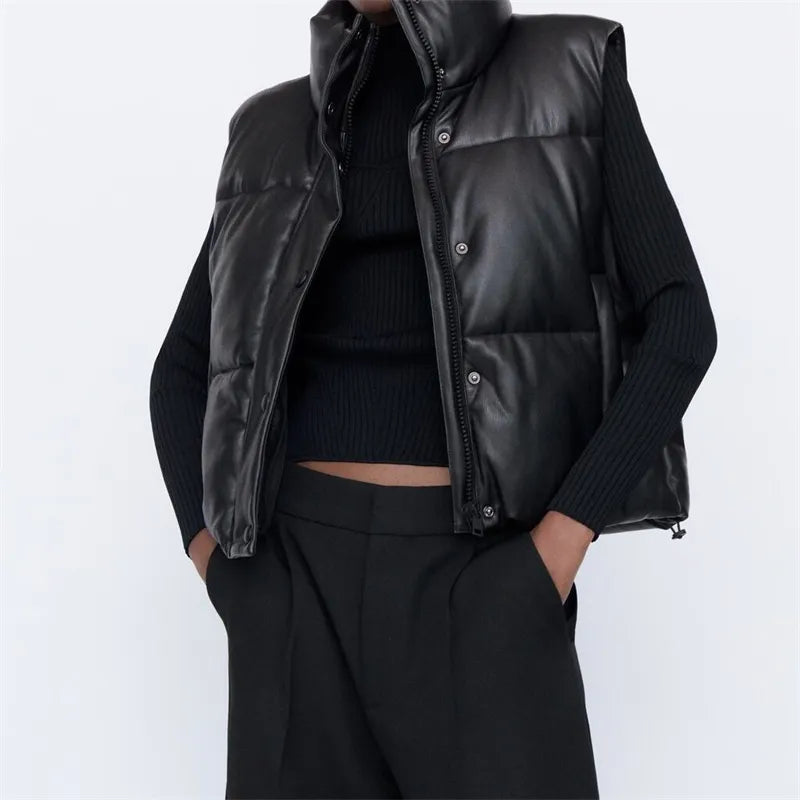 Fashion Streetwear Women Puffy Vest, Winter Thick Parkas Jacket, Black PU Female Coats, Faux Leather Down Waistcoat, Loose Lady Vest, Streetwear Fashion, Winter Outerwear Belted Jacket Elasticated Jacket Padded Jacket