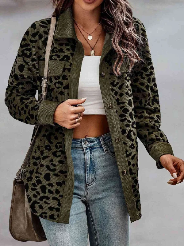 Ladies Full Size Leopard Buttoned Jacket Front Pockets Side Pockets Patch Pockets