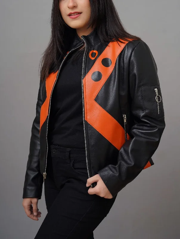 Handmade Women Inspired Black leather Jacket | Cosplay Costume Black Jacket Tiered Jacket Buttoned Jacket Zippered Jacket