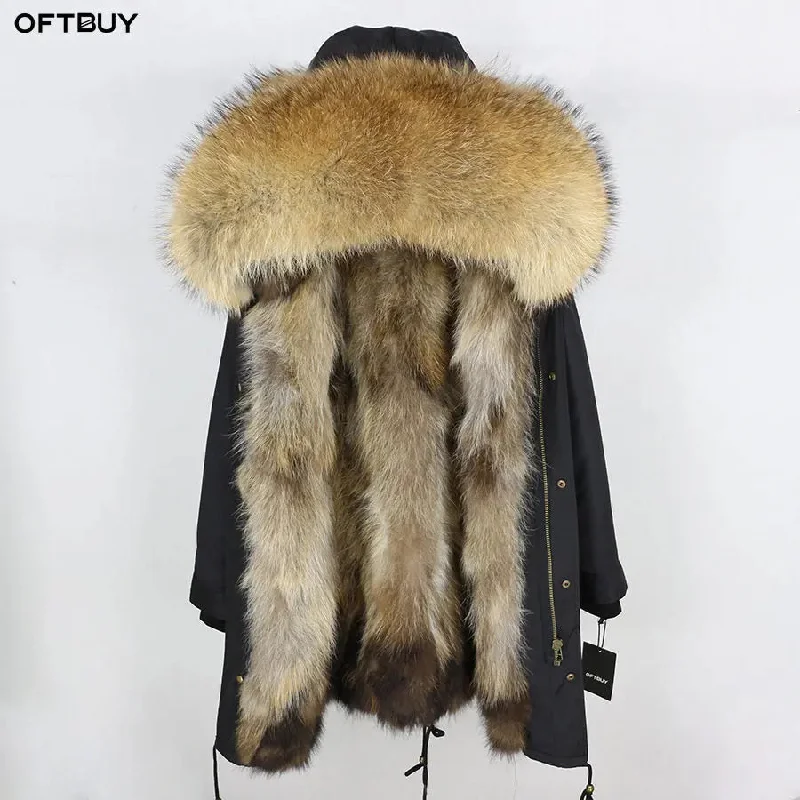 Real Fur Coat Winter Jacket Women Long Parka Waterproof Big Natural Fur Collar Hood Thick Warm Real Fur Liner A-Line Jacket Boat Neck Shawl Collar