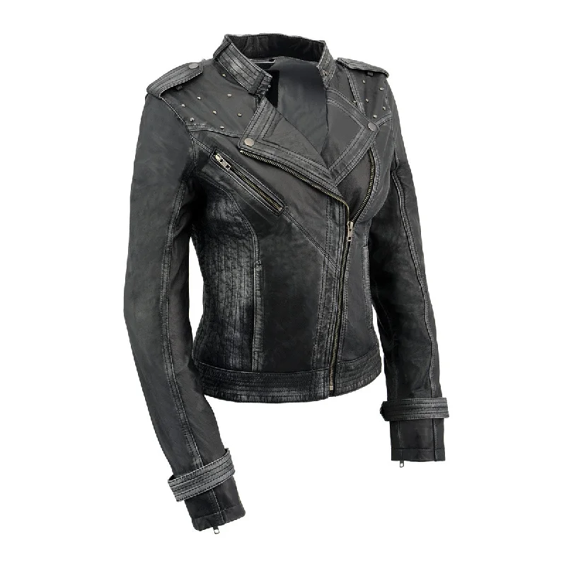 Milwaukee Leather SFL2840 Women's Maiden Black Premium Sheepskin Motorcycle Fashion Leather Jacket with Studs Boat Neck Shawl Collar Notched Collar