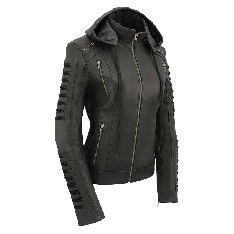 Milwaukee Leather SFL2865 Women's Black Scuba Style Fashion Casual Leather Jacket with Hoodie Belted Jacket Elasticated Jacket Padded Jacket