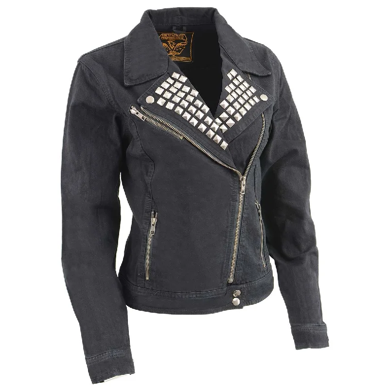 Milwaukee Leather MDL2000 Ladies Black Denim Jacket with Studded Spikes Collared Jacket Crew Neck Jacket Turtle Neck Jacket