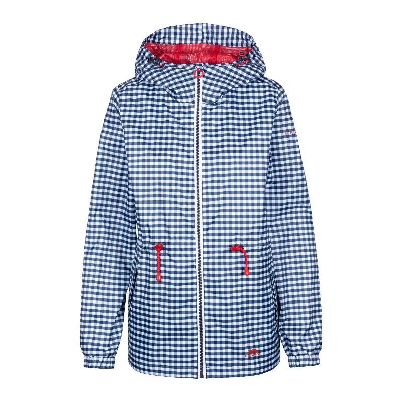 Niggle Unpadded Women's Packaway Waterproof Jacket in Navy Gingham Zip Front Button Front Snap Front