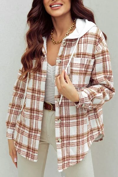 Plaid Drawstring Button Up Long Sleeve Hooded Jacket Mesh Jacket Canvas Jacket Denim Jacket