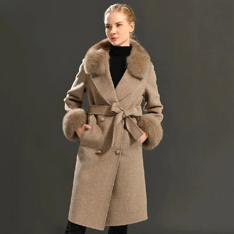 Real Fur Collar Woolen Adjustable Waist Slim Long Women's Overcoat Jacket Fleece Jacket Down Jacket Feather Jacket