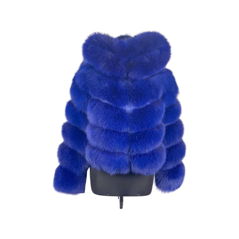 Royal Blue 3 in 1  Women Fox Fur Jacket with detachable sleeves and hood Stand-Up Collar Roll-Neck Collar Turtle Neck