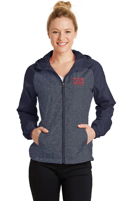 Sport-Tek Ladies Heather Colorblock Customized Raglan Hooded Wind Jackets, True Navy Heather/ True Navy Denim Jacket Leather Jacket Suede Jacket