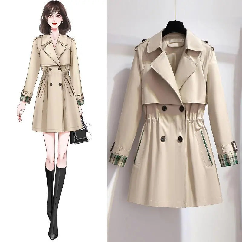 Spring and Autumn Fashion Women's Mid-length Trench Coat with Double-Breasted Design, Lining, and Drawstring Waist, Formal Jacket for Females V-Neck Jacket Boat Neck Jacket Square Neck Jacket