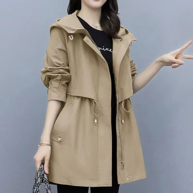 Spring and Autumn Women's Mid-length Trench Coat Hooded Zipper, British Style Loose Coats. Women's Clothing with Tie-In Jackets Ribbed Jacket Pleated Jacket Ruffled Jacket