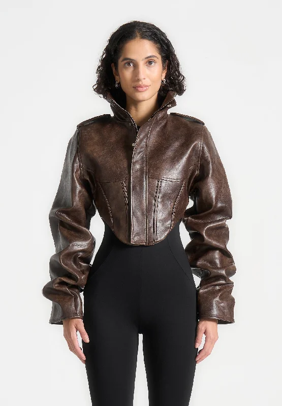 Vintage Leather Tacked Sleeve Corset Jacket - Brown One-Shoulder Jacket Off-the-Shoulder Jacket Asymmetrical Jacket