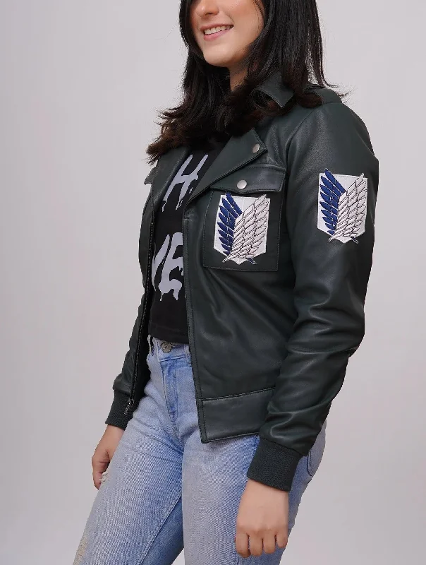 Women Inspired Green Leather Jacket Front Pockets Side Pockets Patch Pockets