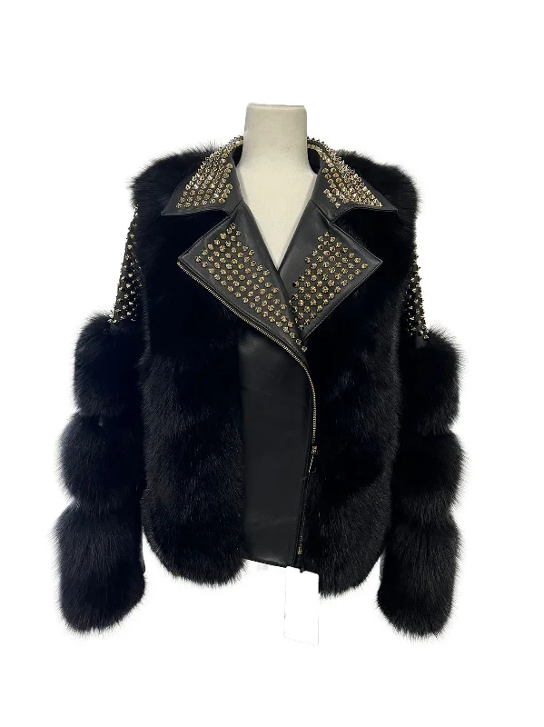 Women's Black Fox Fur Biker Jacket Style # F-80 Jacket Blazer Coat