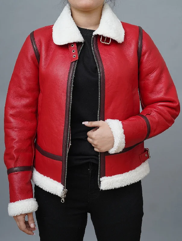 Womens Bomber Style Faux Shearling Red Leather Jacket | Christmas Outfit Zip Front Button Front Snap Front