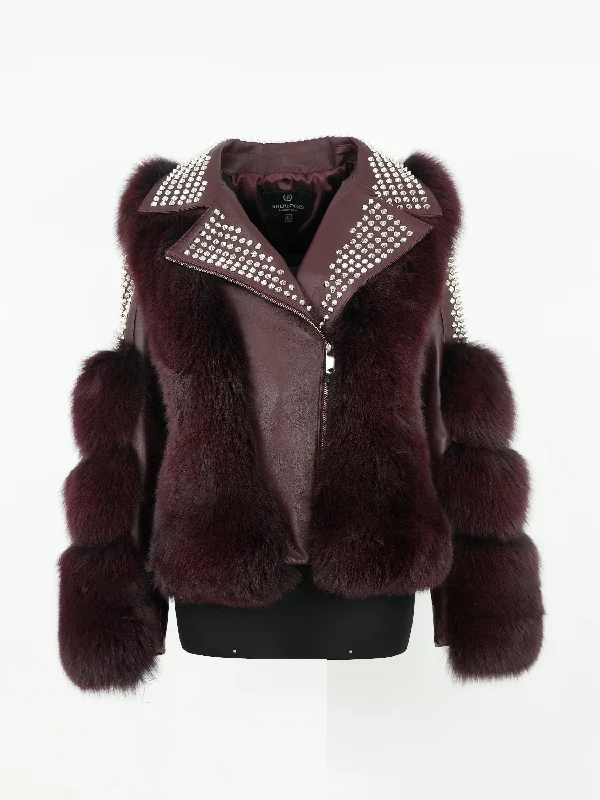 Women's BURGUNDY  Fox Fur Biker Jacket Style # F-80 BURGUNDY Hooded Jacket Caped Jacket Shawl Collar Jacket