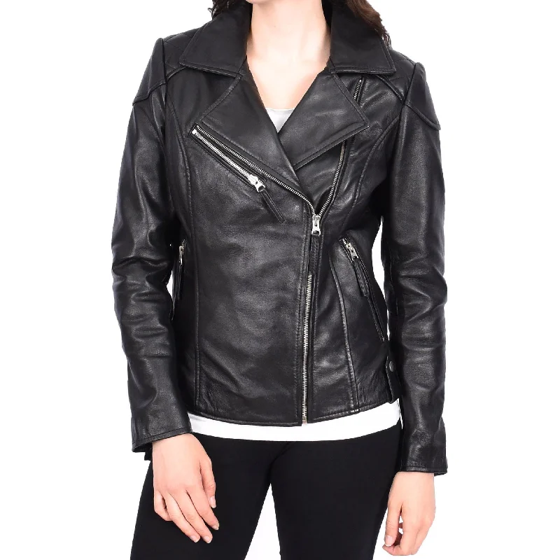 Womens Leather Biker Jacket Cross Zip Style Mona Black Herringbone Jacket Checkered Jacket Solid Jacket