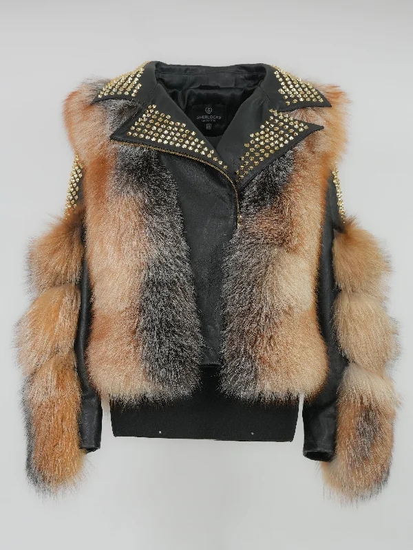 Women's OTOBAN  Fox Fur Biker Jacket Style # F-80 OTOBAN Tailored Jacket Straight Jacket A-Line Jacket