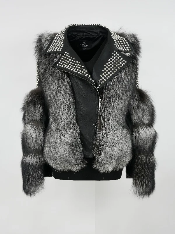 Women's Silver Fox Fur Biker Jacket Style # F-80 Silver Fox Satin Fabric Silk Fabric Chiffon Fabric