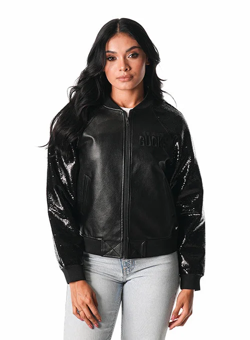 Women's The Wild Collective Faux Leather Sequin Milwaukee Bucks Jacket Appliqued Jacket Beaded Jacket Sequined Jacket