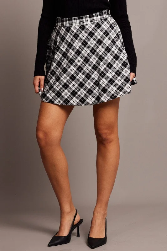 Black Check Skater Skirt Mini linen skirt light