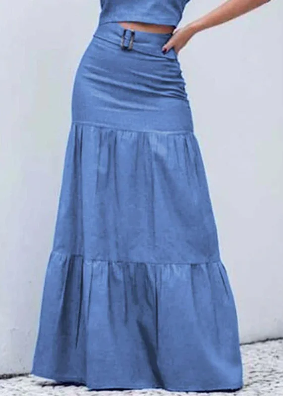 Boutique Blue High Waist Patchwork Wrinkled Denim Skirt Summer wool skirt sturdy