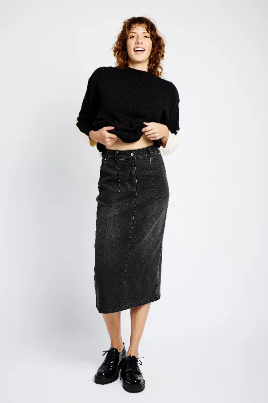 Denim Skirt with Back Slit in Black tiered skirt playful