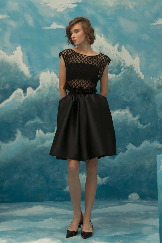 Jewel neckline embelished top with short skirt wool skirt sturdy