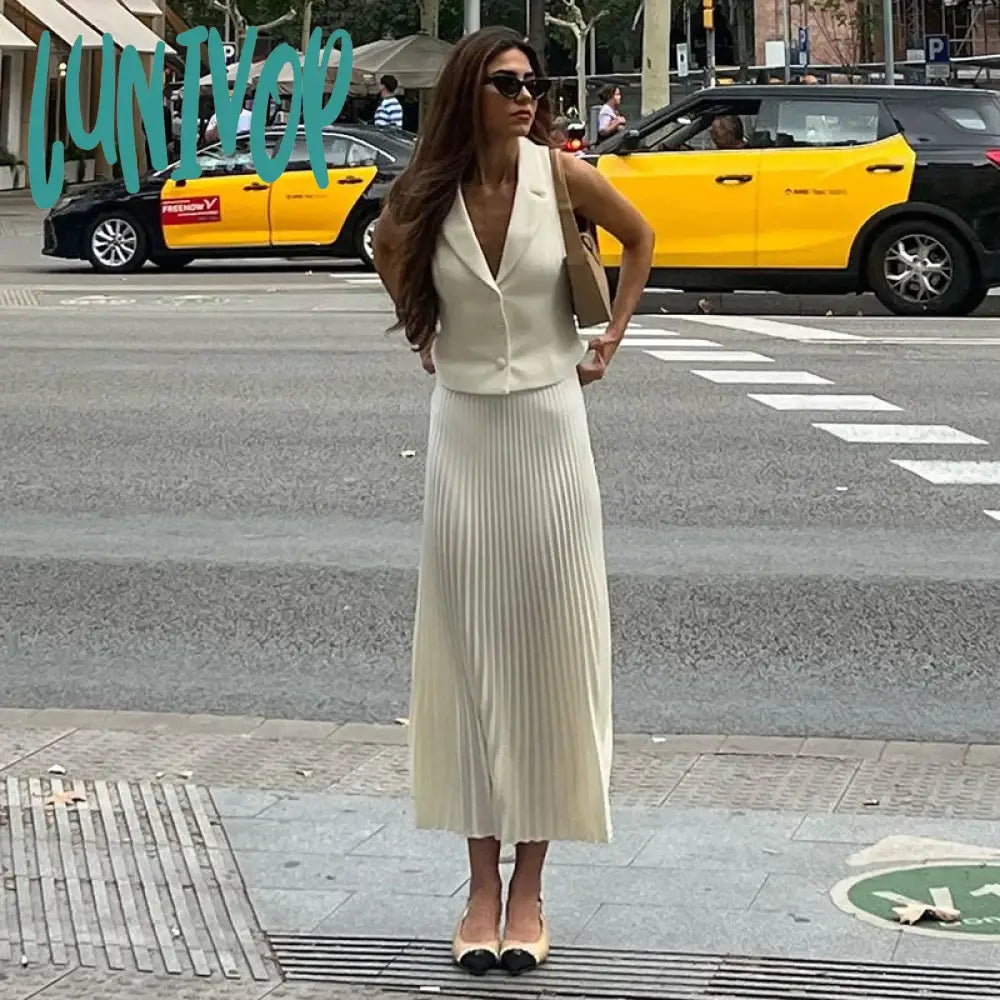 Lunivop Summer New Pleated Skirt Suit For Women Slim Sleeveless Short Vest Top Solid Long Skirt High Waist Fashion Two Pieces Set cashmere skirt soft