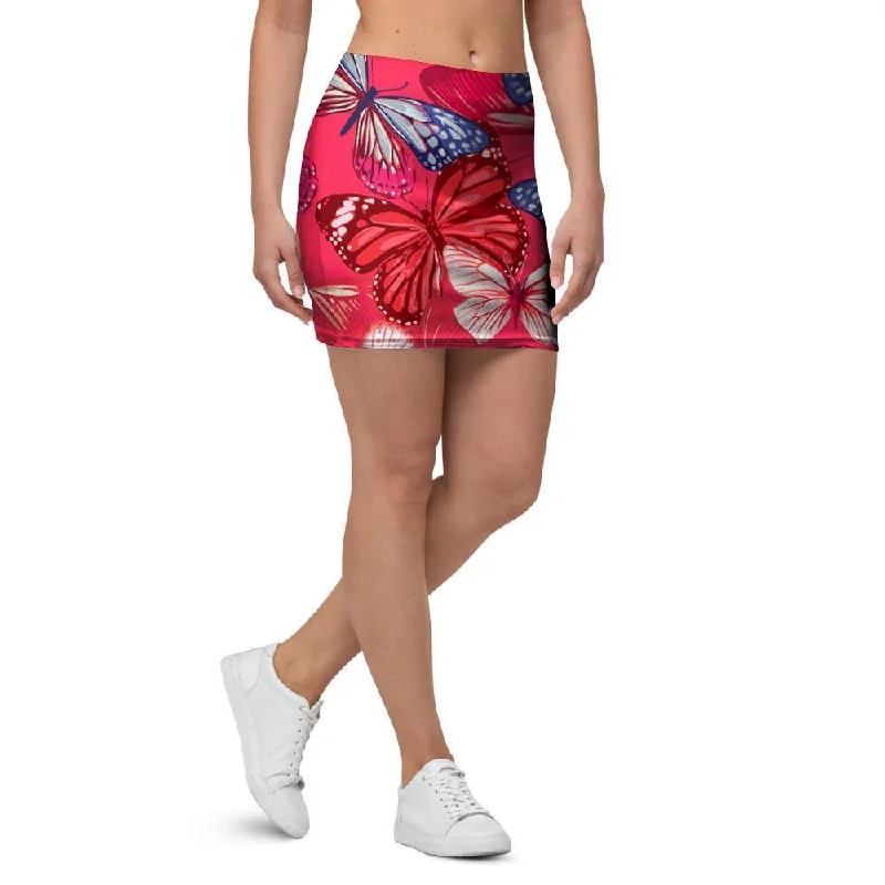 Red and Blue Butterfly Print Mini Skirt silk skirt lustrous