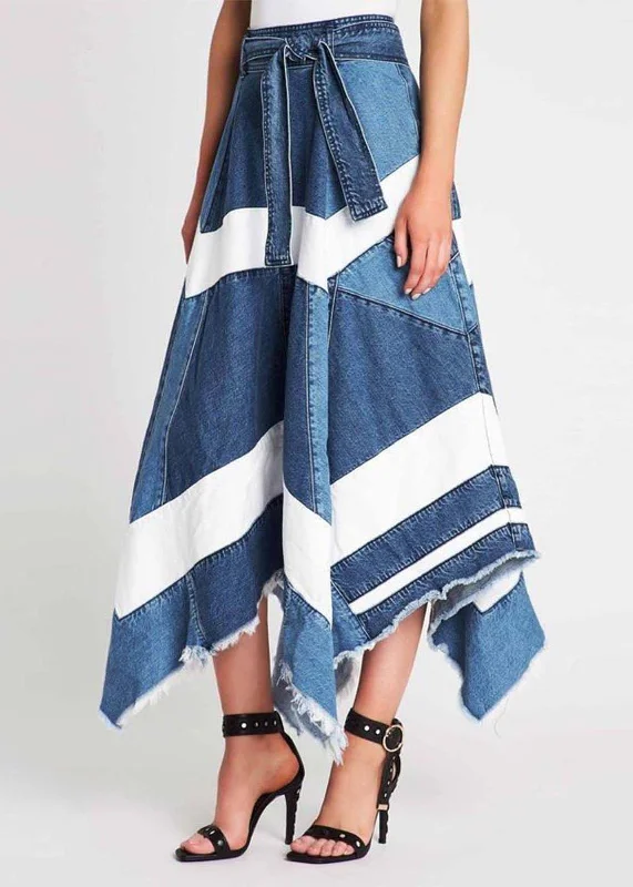Women Blue Asymmetrical Patchwork Denim A Line Skirts Summer chiffon skirt floaty