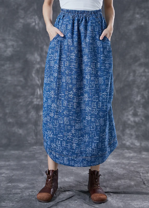 Women Blue Elastic Waist Print Denim Skirts Summer silk skirt lustrous