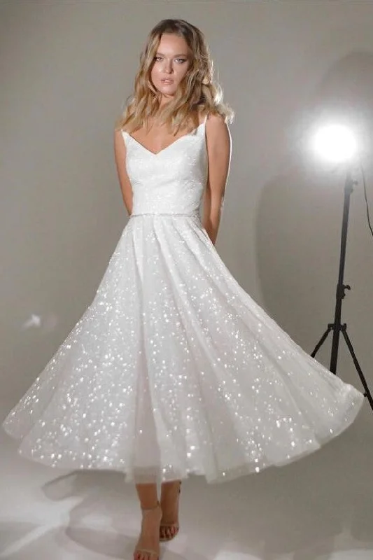 2025 Ivory Tea-Length Bridal Gown with Bling Bling Tulle Skirt silk skirt lustrous