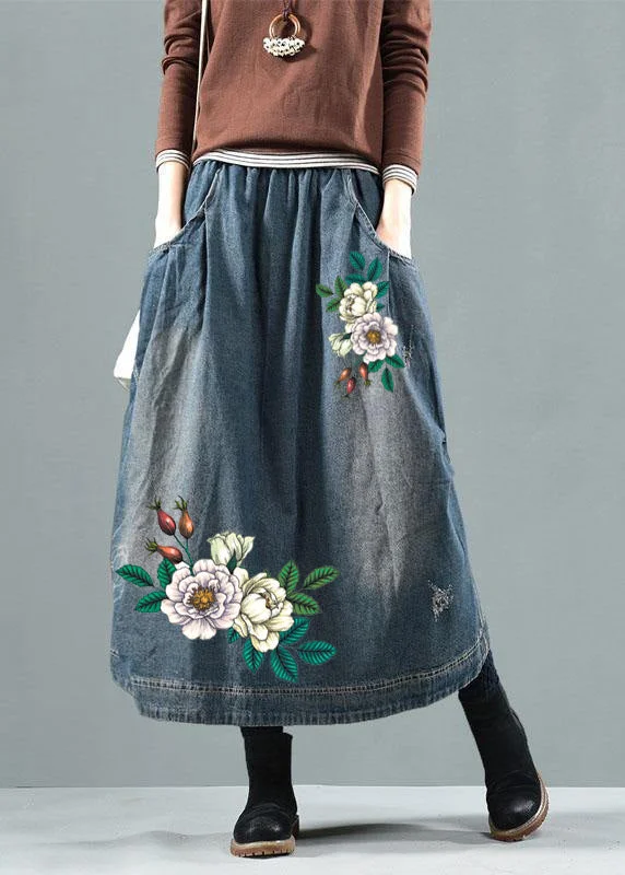 Blue-white flower Pockets Retro Patchwork Summer Skirts Denim linen skirt light