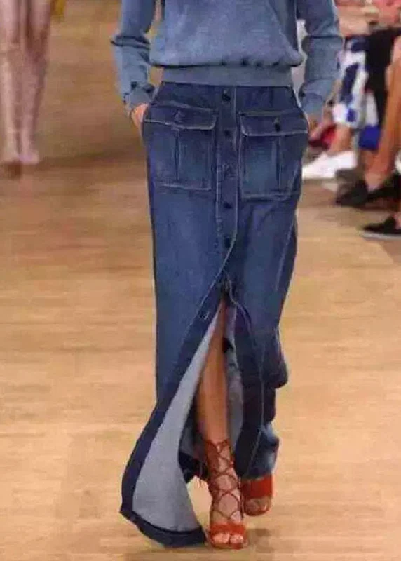 Bohemian Blue Pockets Button Patchwork Denim Maxi Skirt Summer zip skirt side