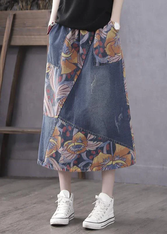 Casual Blue Pockets Print Patchwork Elastic Waist Denim Skirt Spring lace skirt elegant