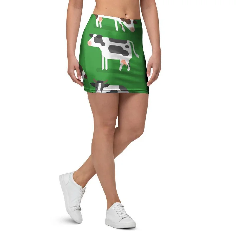 Cow In Green Grass Print Mini Skirt high slit skirt