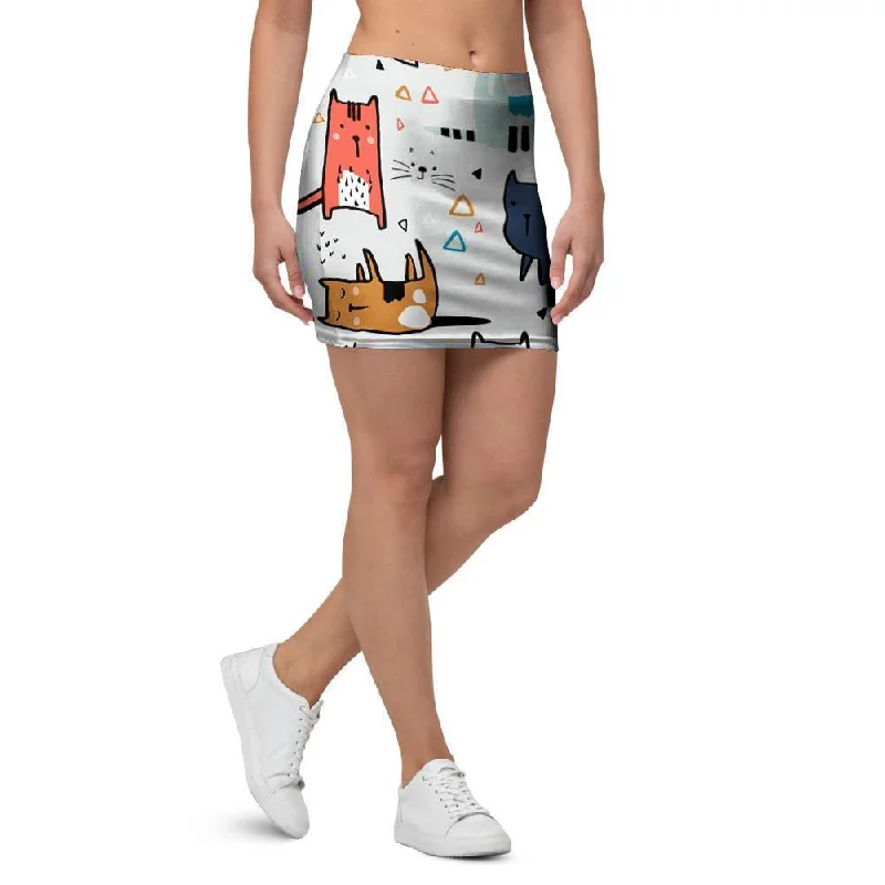 Cute Cartoon Doodle Cat Print Mini Skirt silk skirt lustrous