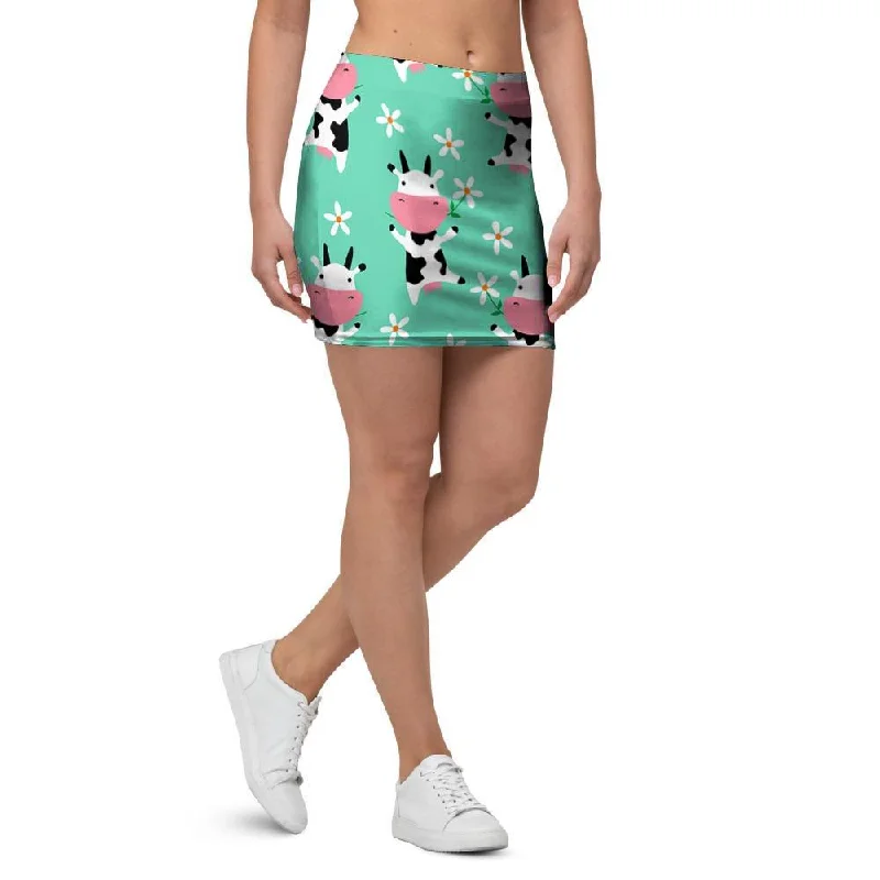 Cute Cow Floral Print Mini Skirt silk skirt smooth