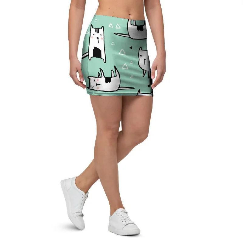 Cute Green Doodle Cat Print Mini Skirt maxi skirt elegant