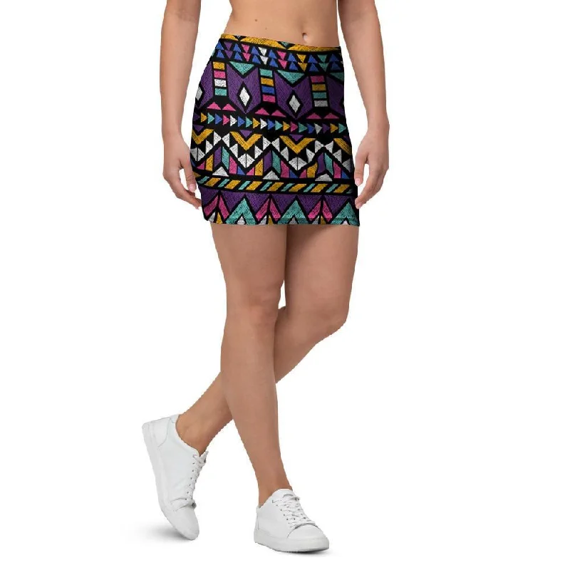 Ethic Aztec Geometric Art Print Mini Skirt cashmere skirt fine