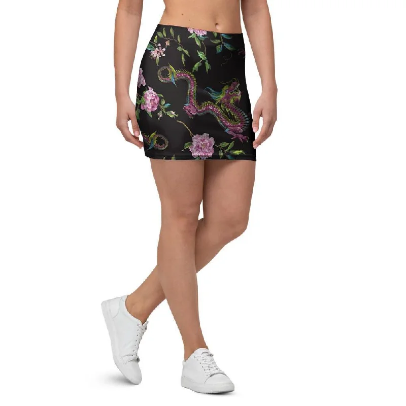 Floral Janpanese Dragon Print Mini Skirt denim skirt classic