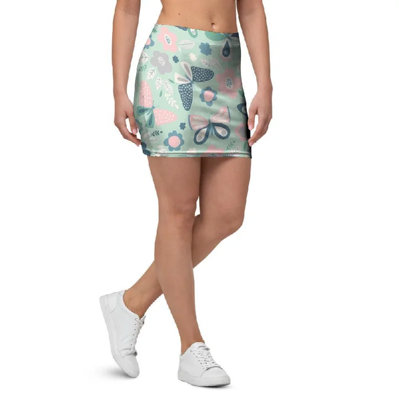 Floral Mint Butterfly Print Mini Skirt linen skirt airy