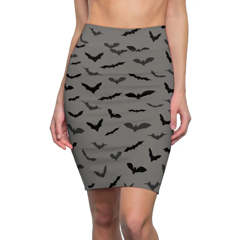 Gray Bats Pencil Skirt, Best Black Office Halloween Party Bats Women's Pencil Skirt- Made in USA(Size: XS-2XL) maxi skirt elegant