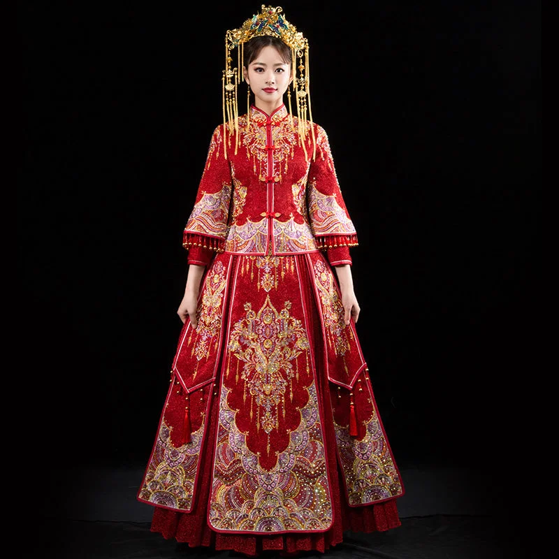 Mandarin Sleeve Pleated Skirt Retro Embroidery Chinese Wedding Suit tiered skirt playful