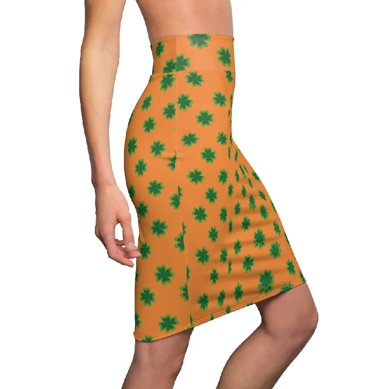 Orange Green Clover Pencil Skirt, Clover Leaf Print St. Patrick's Day Women's Pencil Skirt- Made in USA breathable skirt fabric