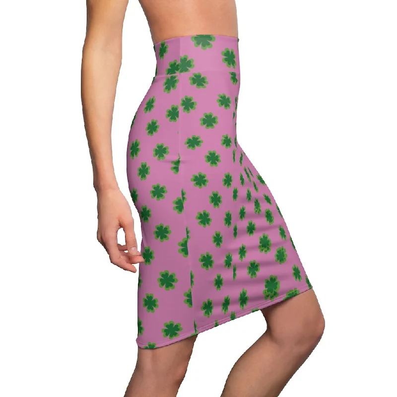 Lucky Pink Clover Pencil Skirt, Pink And Green Clover Leaf Print St. Patrick's Day Women's Pencil Skirt- Made in USA linen skirt natural